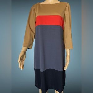 Tahari Shift Dress Size 10 Brown Black Gray Knee Length Lined Stretch Boat Neck